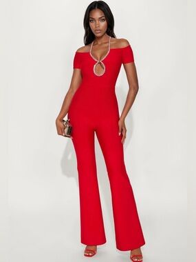 Fashion Nova Off-Shoulder Red Jumpsuit with Rhinestone Keyhole-NWT❤️